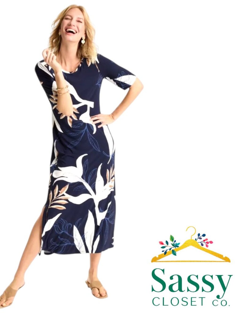 CHICOS Navy Leaf Print Maxi Column Dress 2 US 12 Large Stretch Jersey Slit EUC